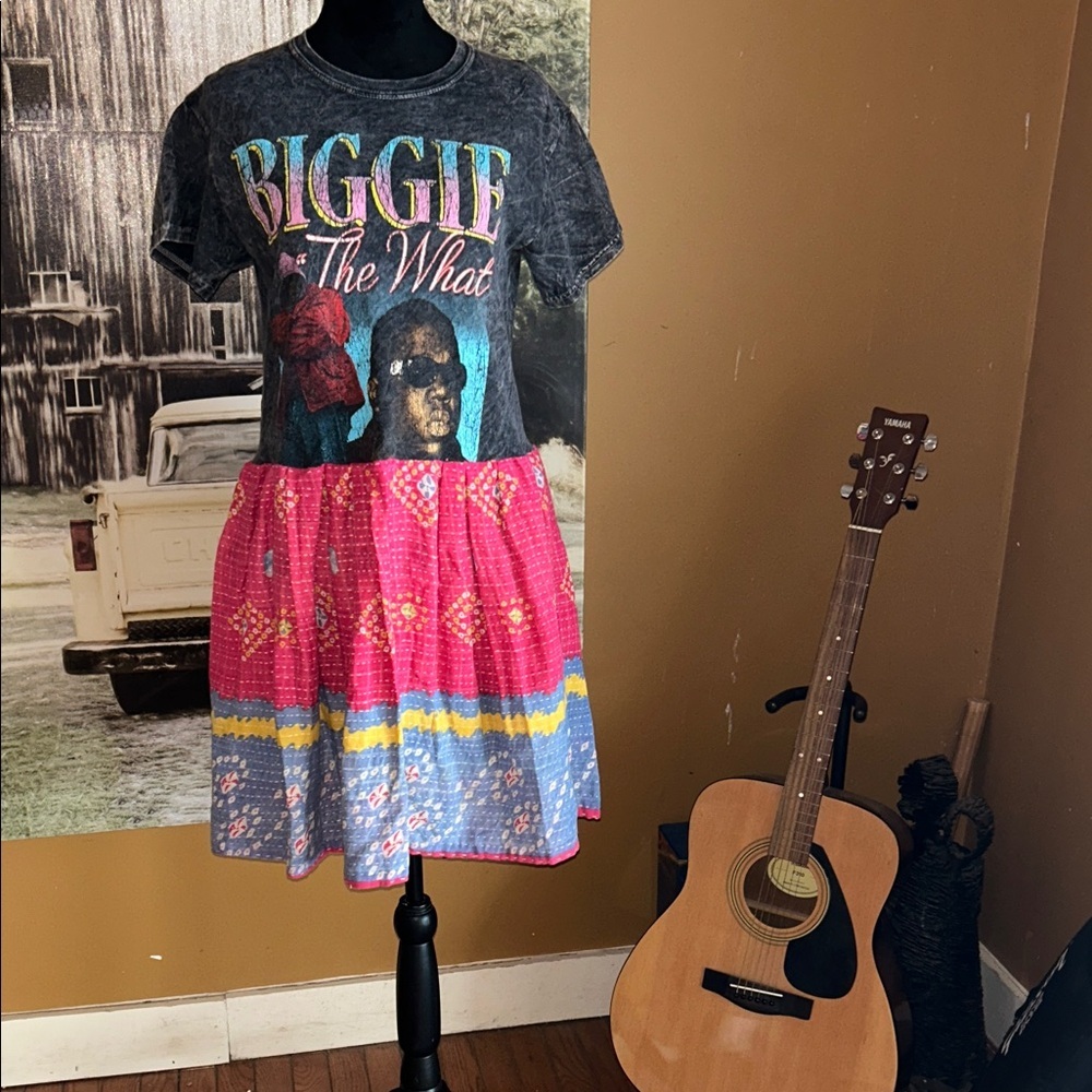Upcycled Graphic Tee Dress with Colorful Skirt
